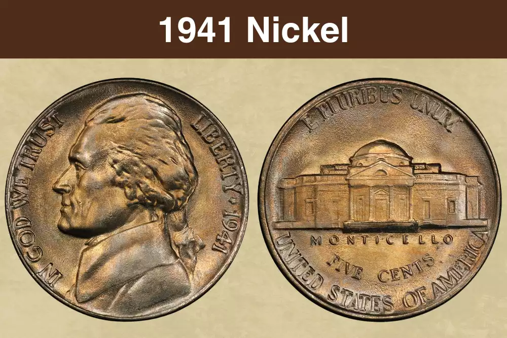 1941 Jefferson nickel obverse and reverse showing Thomas Jefferson portrait and Monticello