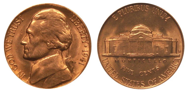 1941 nickel grading strip showing four condition tiers from heavily worn Good to gem Mint State uncirculated