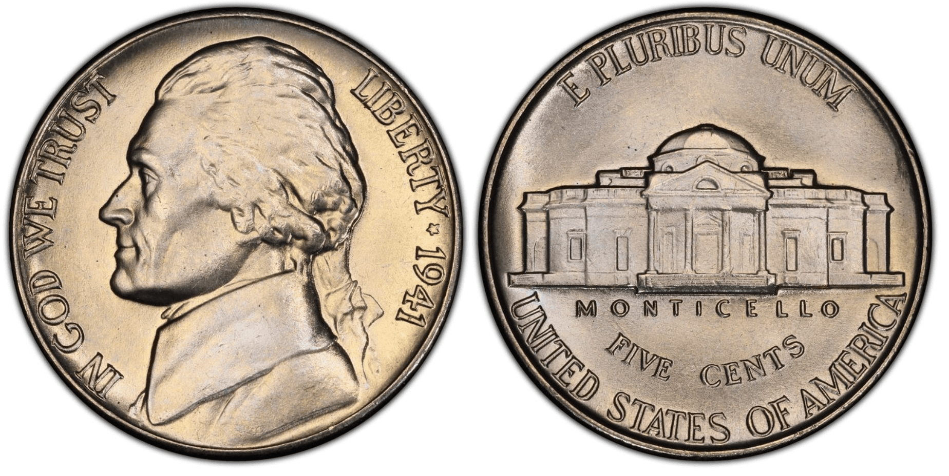 1941 nickel reverse comparison: common blurry steps vs Full Steps designation with five clearly defined Monticello steps