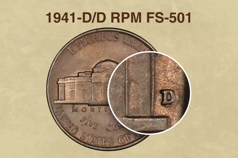 1941-D nickel Repunched Mintmark FS-501 showing secondary D impression overlapping the primary D mint mark