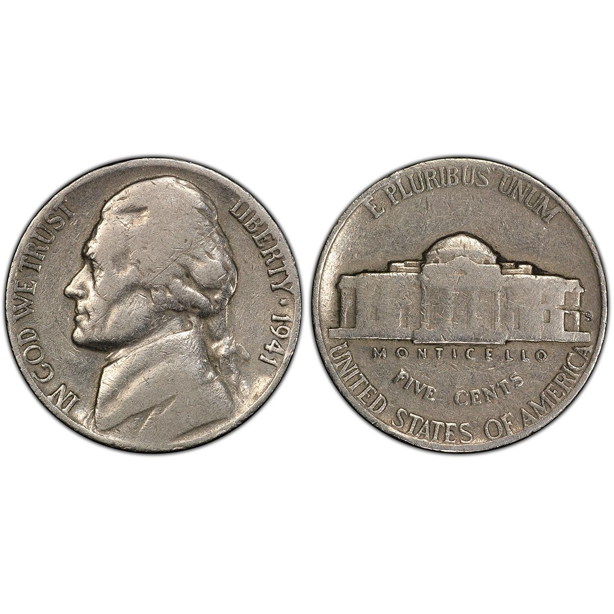 Group photograph of 1941 Jefferson nickel varieties from Philadelphia, Denver, and San Francisco mints